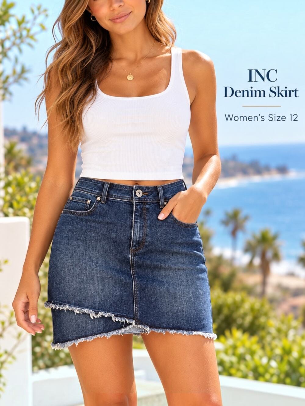 INC International Concepts Dark Wash Asymmetrical Raw Hem Denim Skirt Size 12